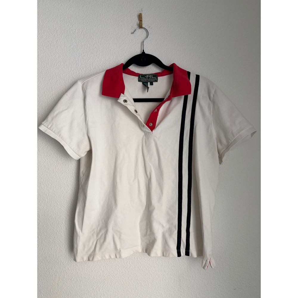 Lauren Active Ralph‎ Lauren White Red Polo Shirt Racing Stripe Snap Neck Large